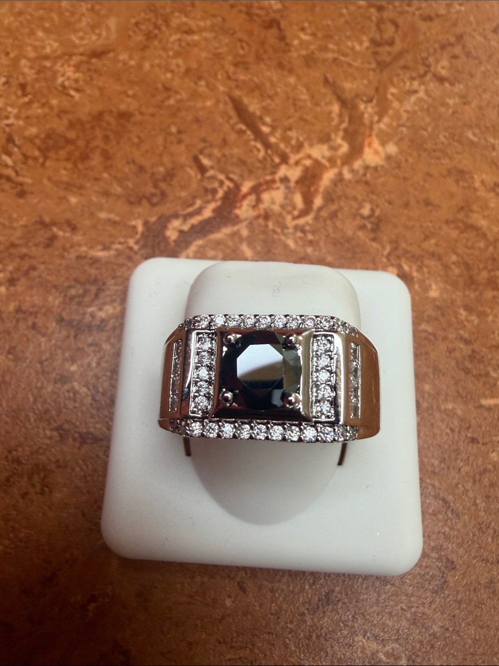 Men's Moissanite Silver Band Ring with Black Center Stone - Adj Size 9-13